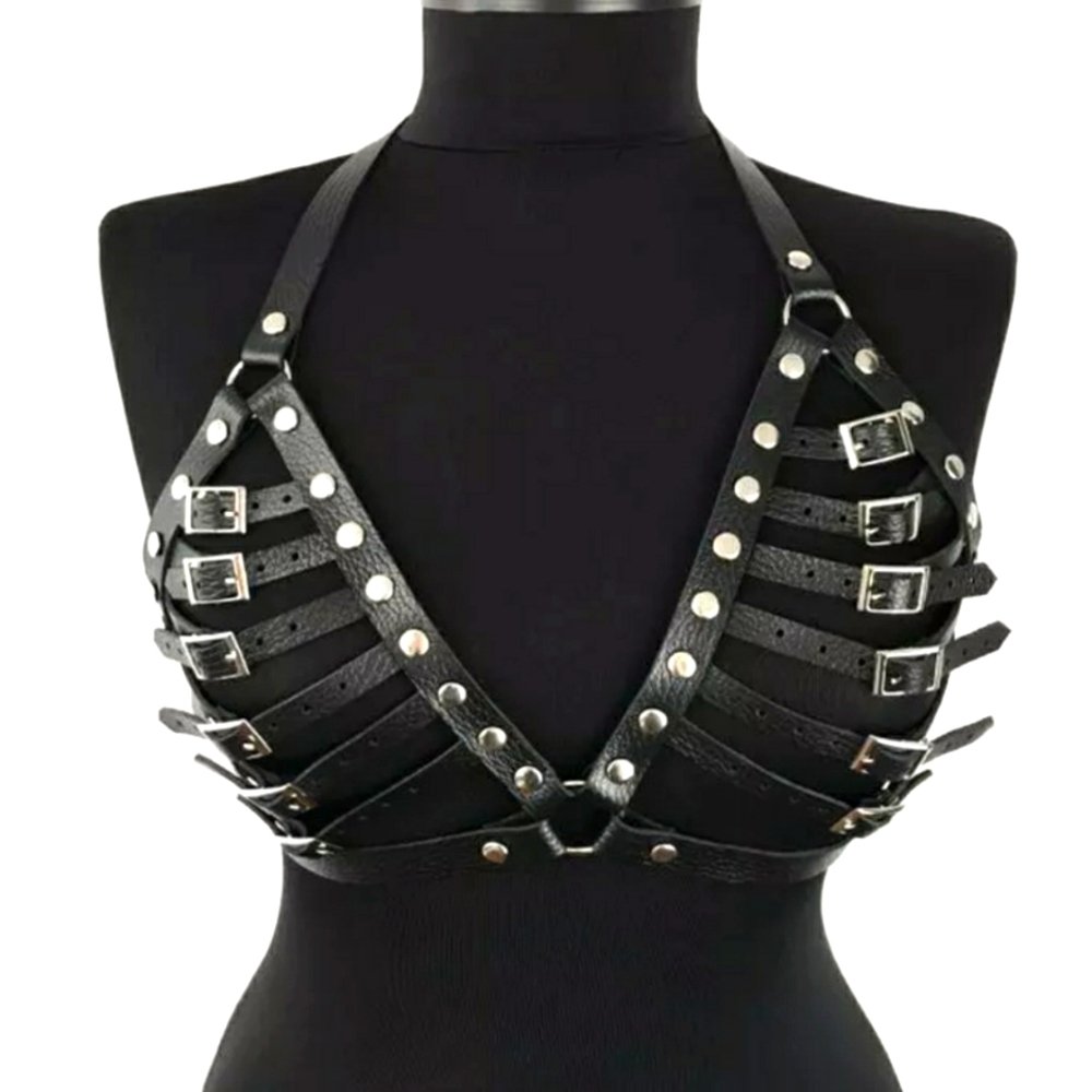 BDSM Bondage Body Harness Strappy Cup Bra Top W/Multiple Silver Buckles (OS)